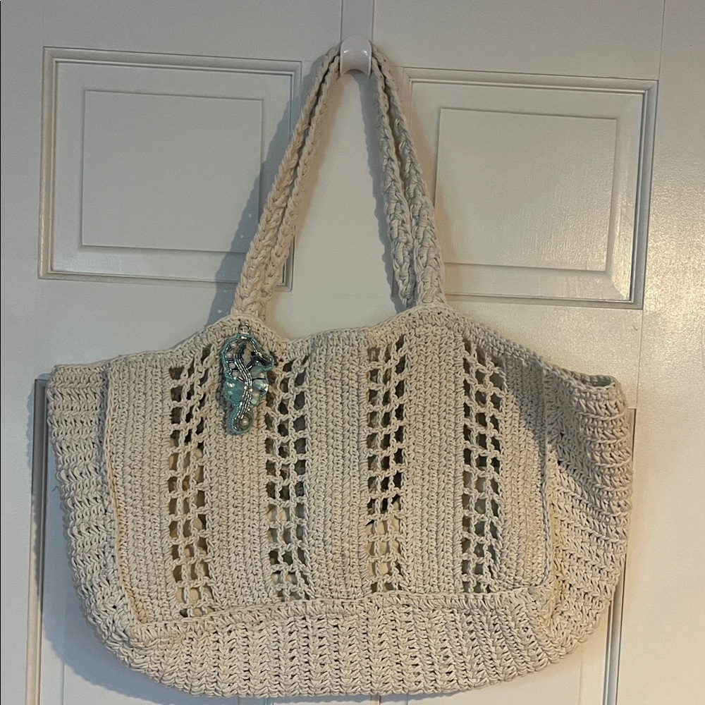 Beaded Seahorse Crochet Beach Tote Bag in Cream